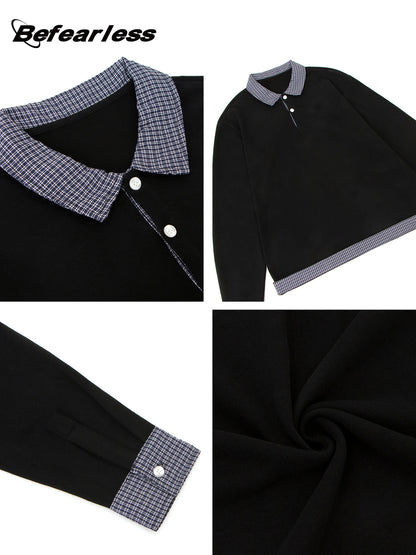 Heavyweight Plaid Fake Layered Polo-Collar Boxy Long Sleeve T-Shirt WN26323