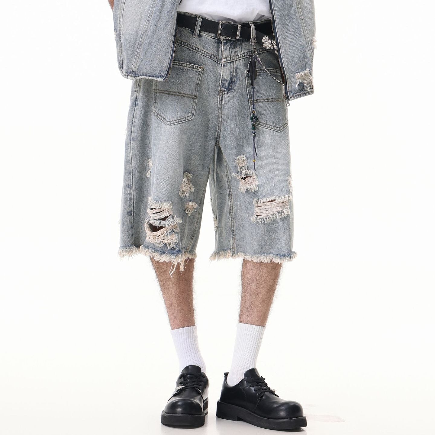 Washed Damage Wide Leg Denim Short Pants WN25596