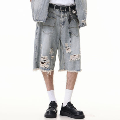 Washed Damage Wide Leg Denim Short Pants WN25596