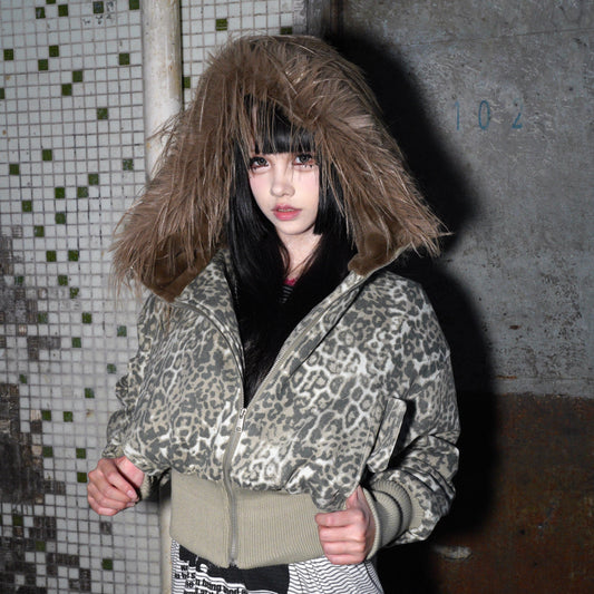 Leopard Fake Fur-Collar Short Zipper Jacket WN22199