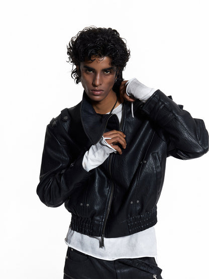 Stand Neck Studded Strap PU Leather Jacket WN27432