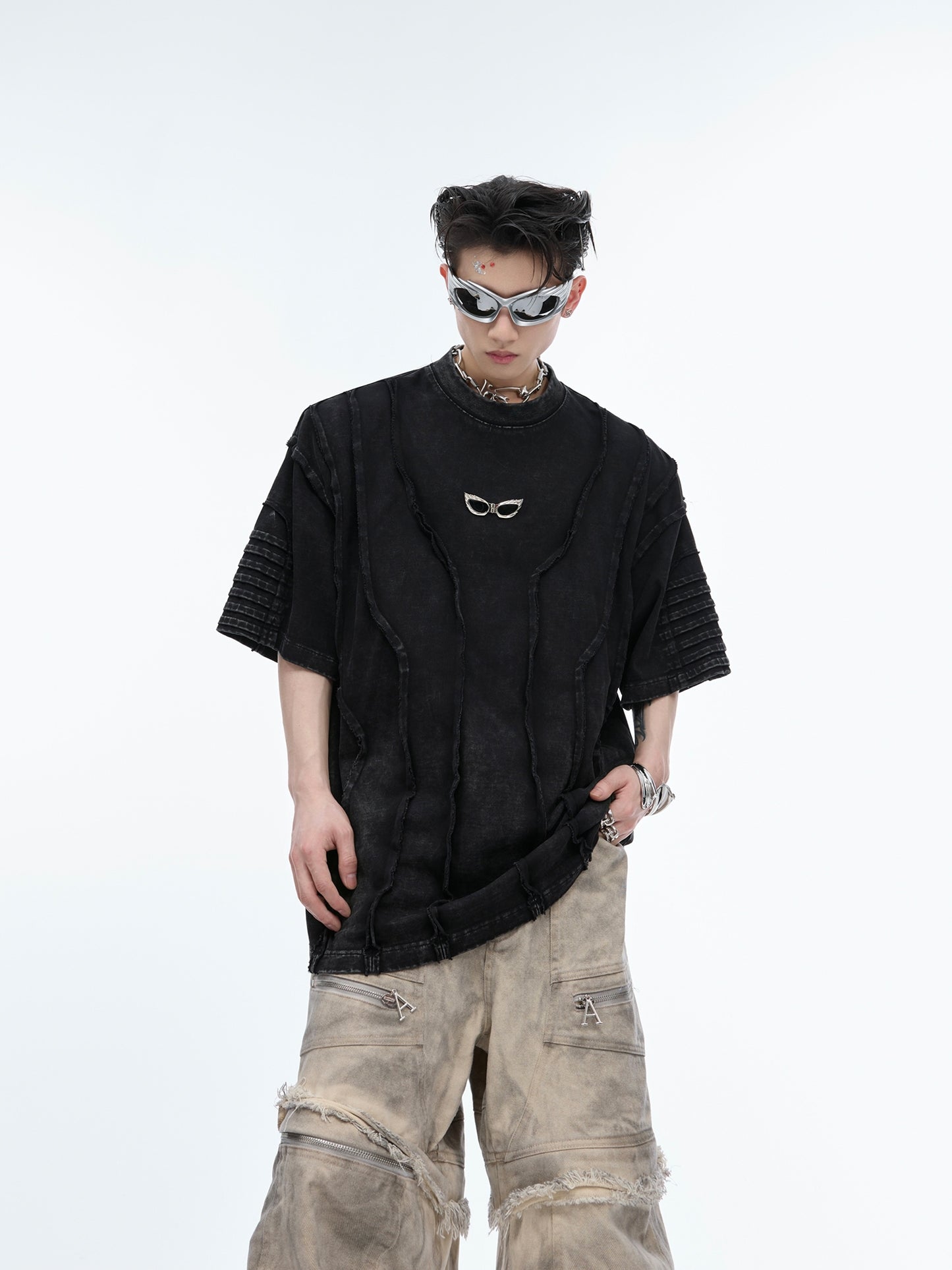 Oversize Shoulder Pad Raw-edge Short Sleeve T-shirt WN6478