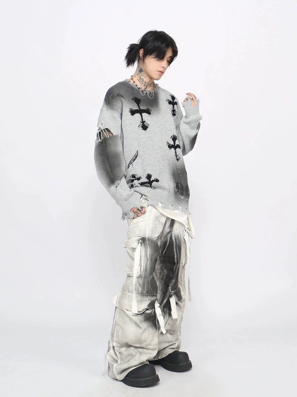 Cross Design Oversize Knit Sweater WN8760