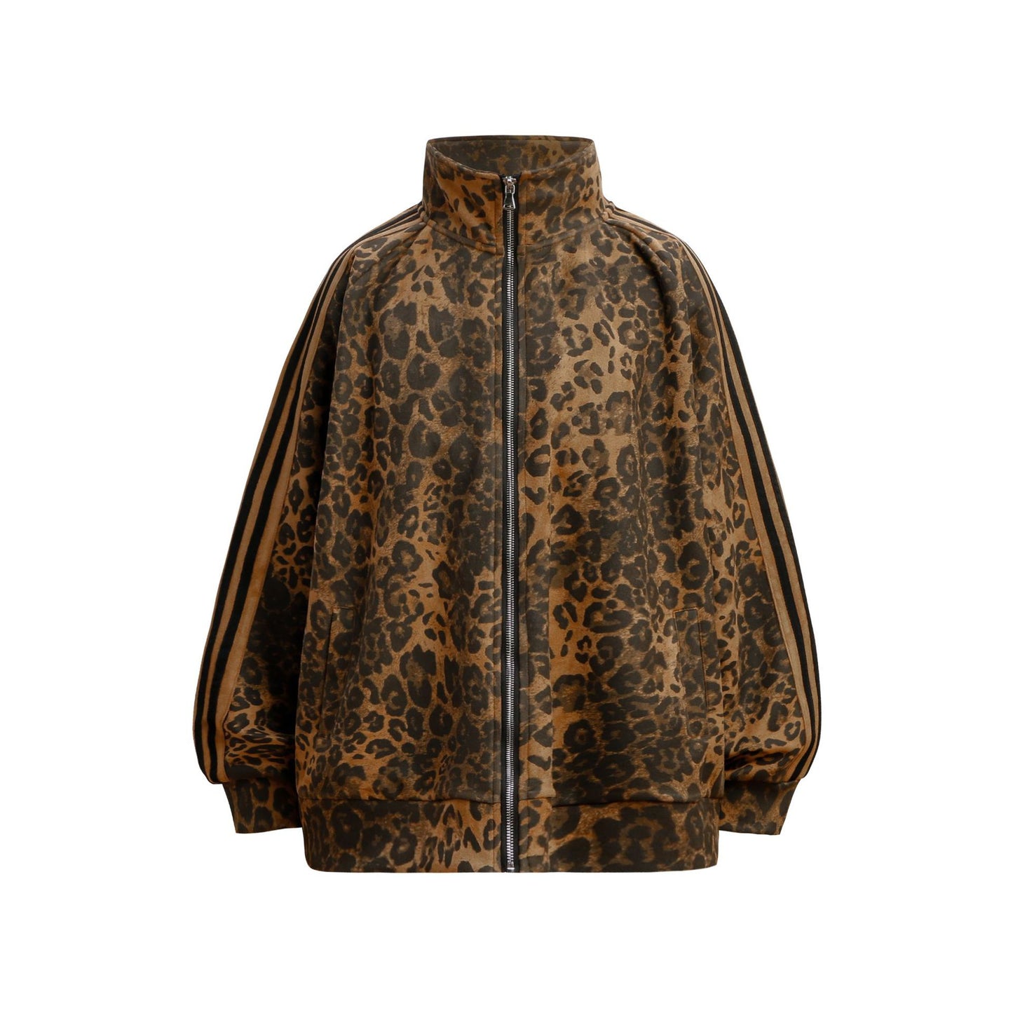 Leopard Design Stand Neck Zipper Jacket & Wide Leg Pants Setup WN18570
