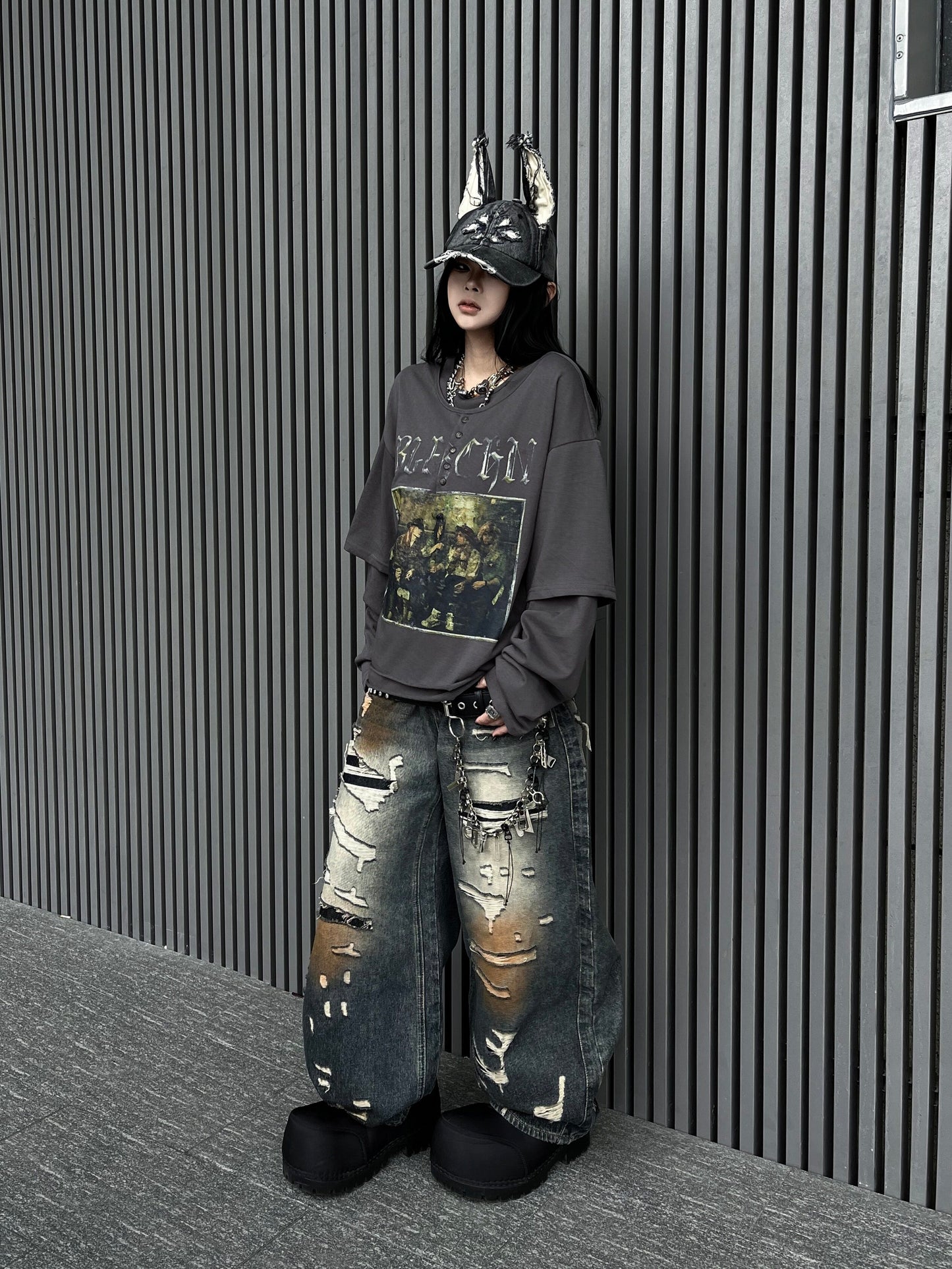 Henley Heavyweight Damage Fake Layered Long Sleeve T-Shirt WN24197