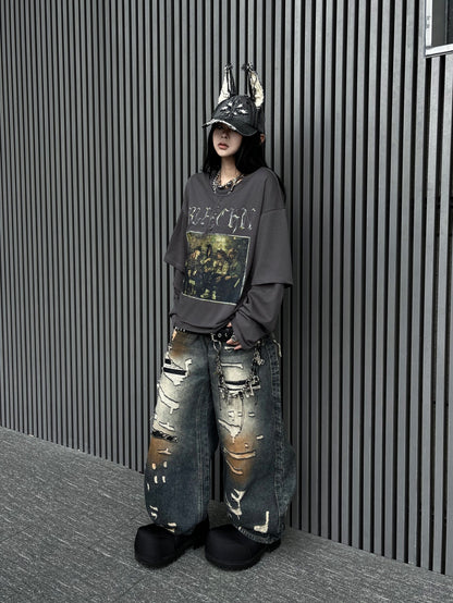 Henley Heavyweight Damage Fake Layered Long Sleeve T-Shirt WN24197