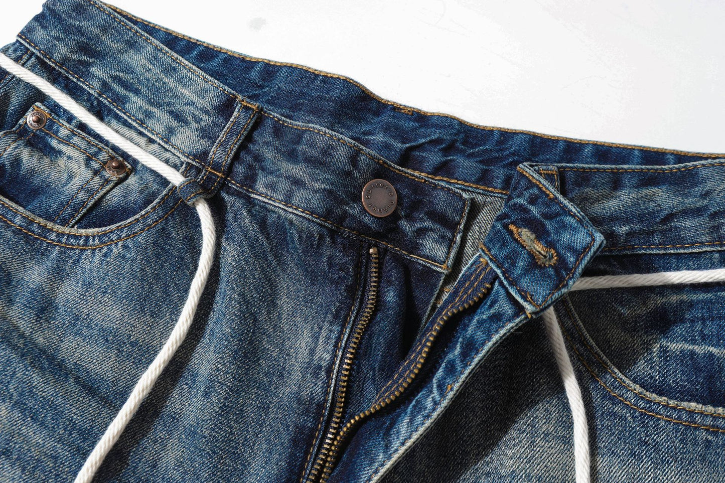 Washed Lightning Drawstring Denim Half Pants WN25850