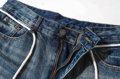 Washed Lightning Drawstring Denim Half Pants WN25850
