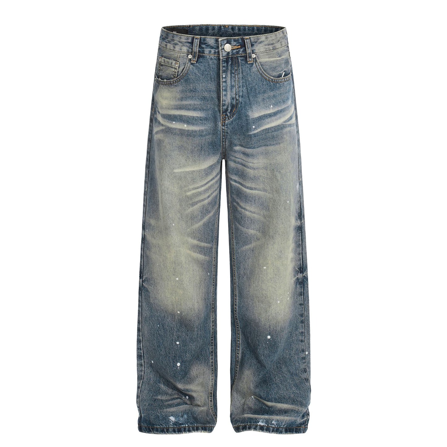 Washed Whisker Paint Splatter Straight Denim Jeans WN26147