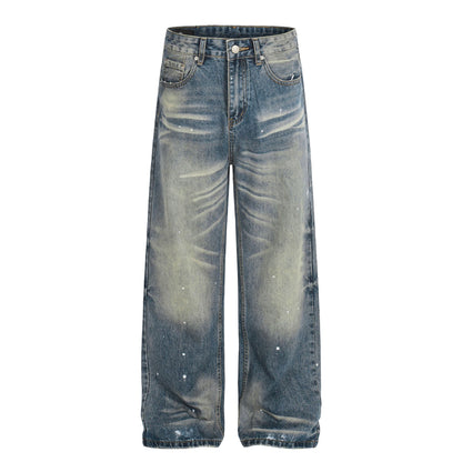Washed Whisker Paint Splatter Straight Denim Jeans WN26147
