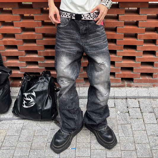 Damage Washed Wide Leg Denim Jeans WN27246