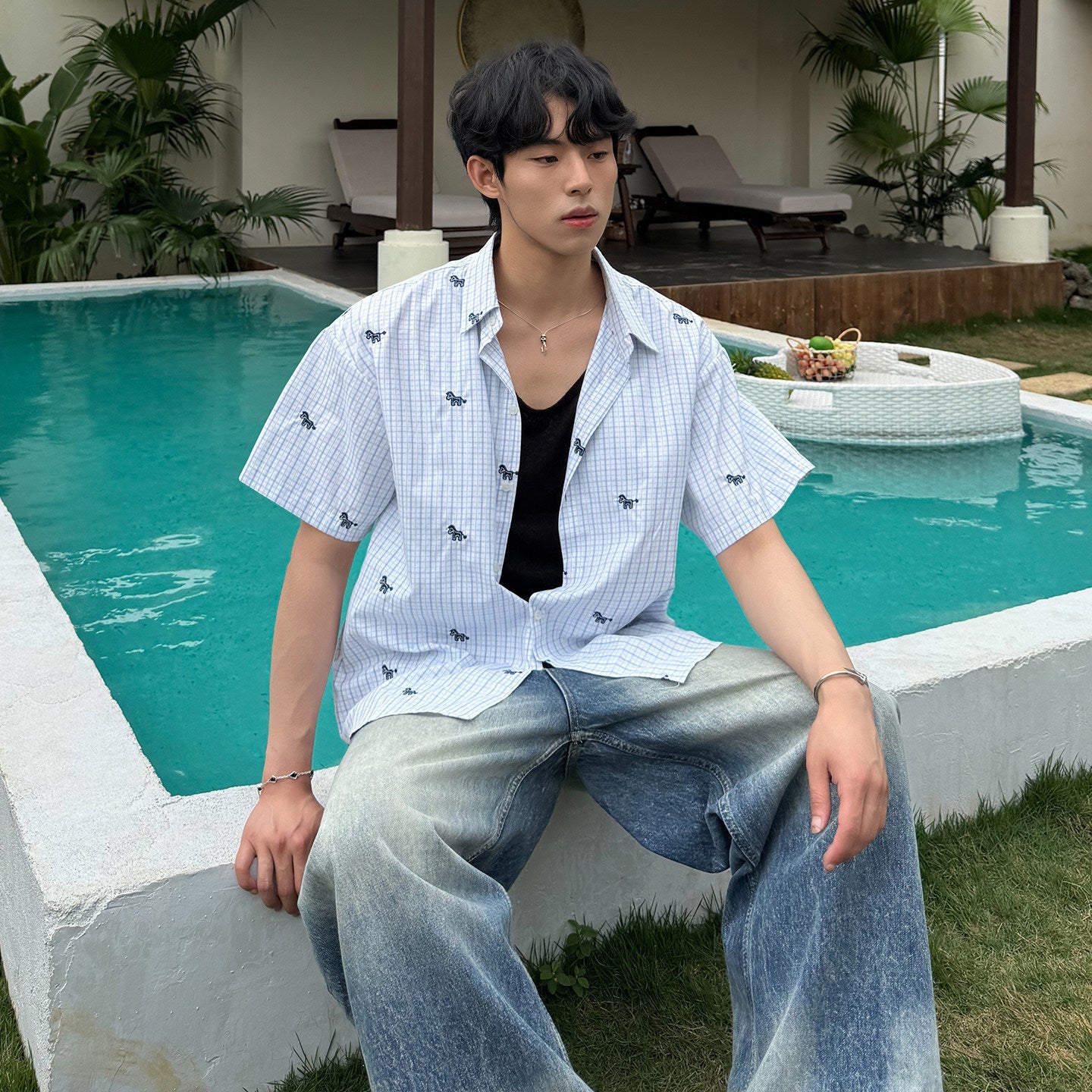 Check Animal Embroidery Short Sleeve Shirt WN25015