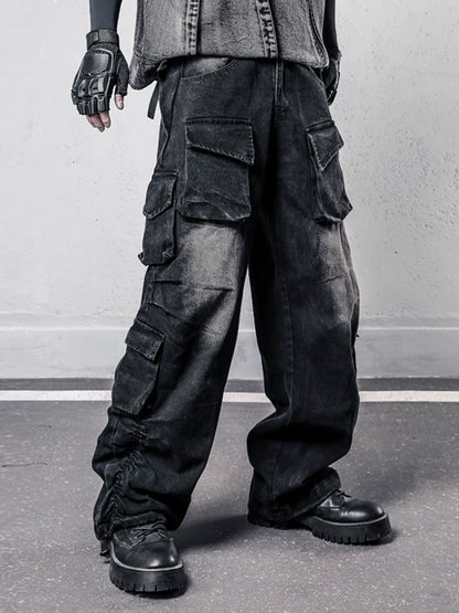 Damage Wash Multi-Pocket Wide Leg Denim Jeans WN22427