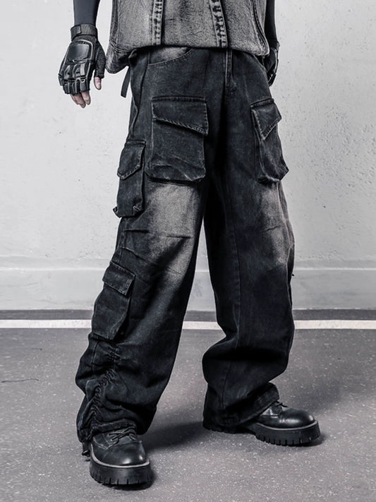 Damage Wash Multi-Pocket Wide Leg Denim Jeans WN22427