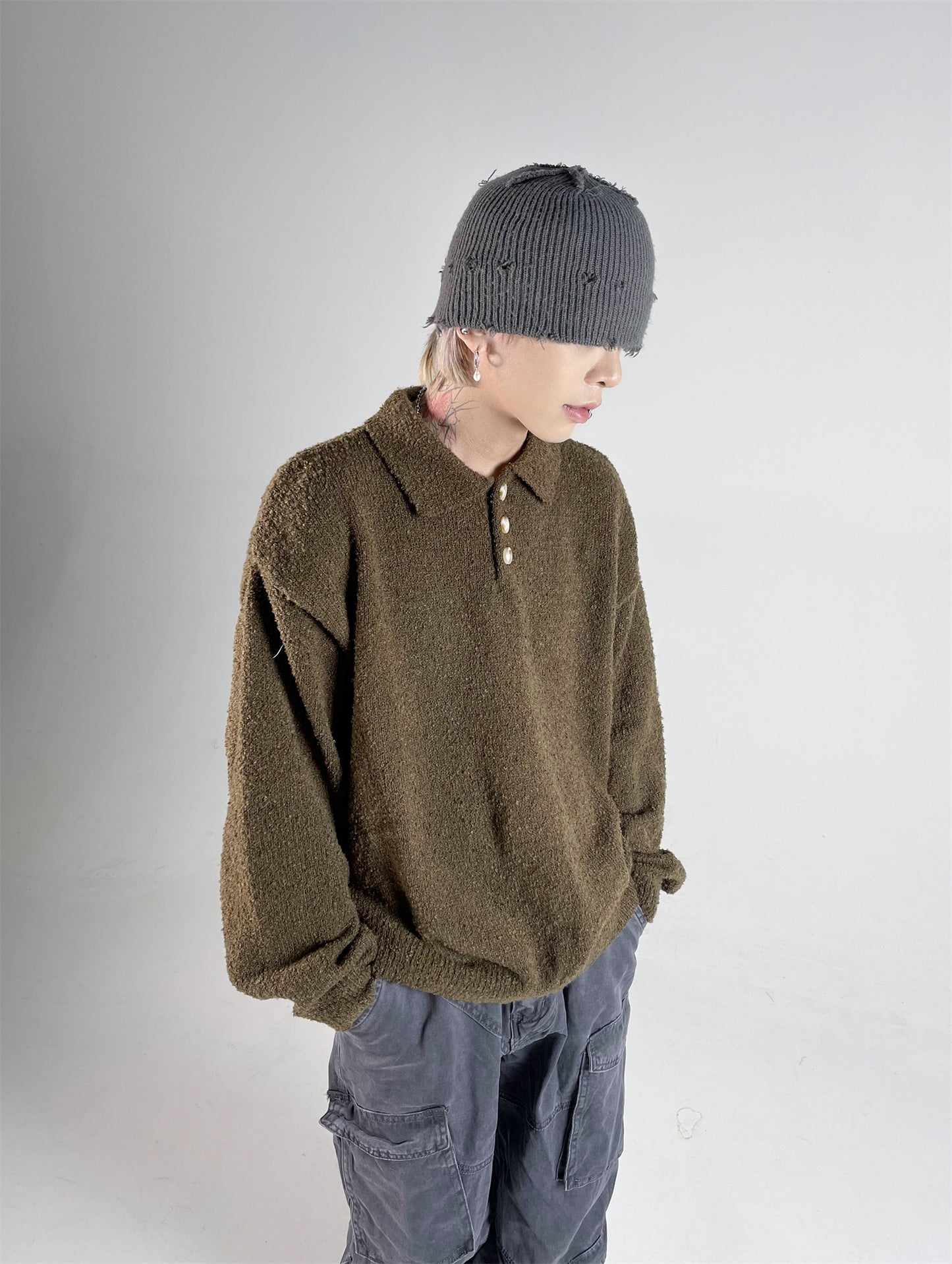 Polo-Collar Oversize Knit Sweater WN10588