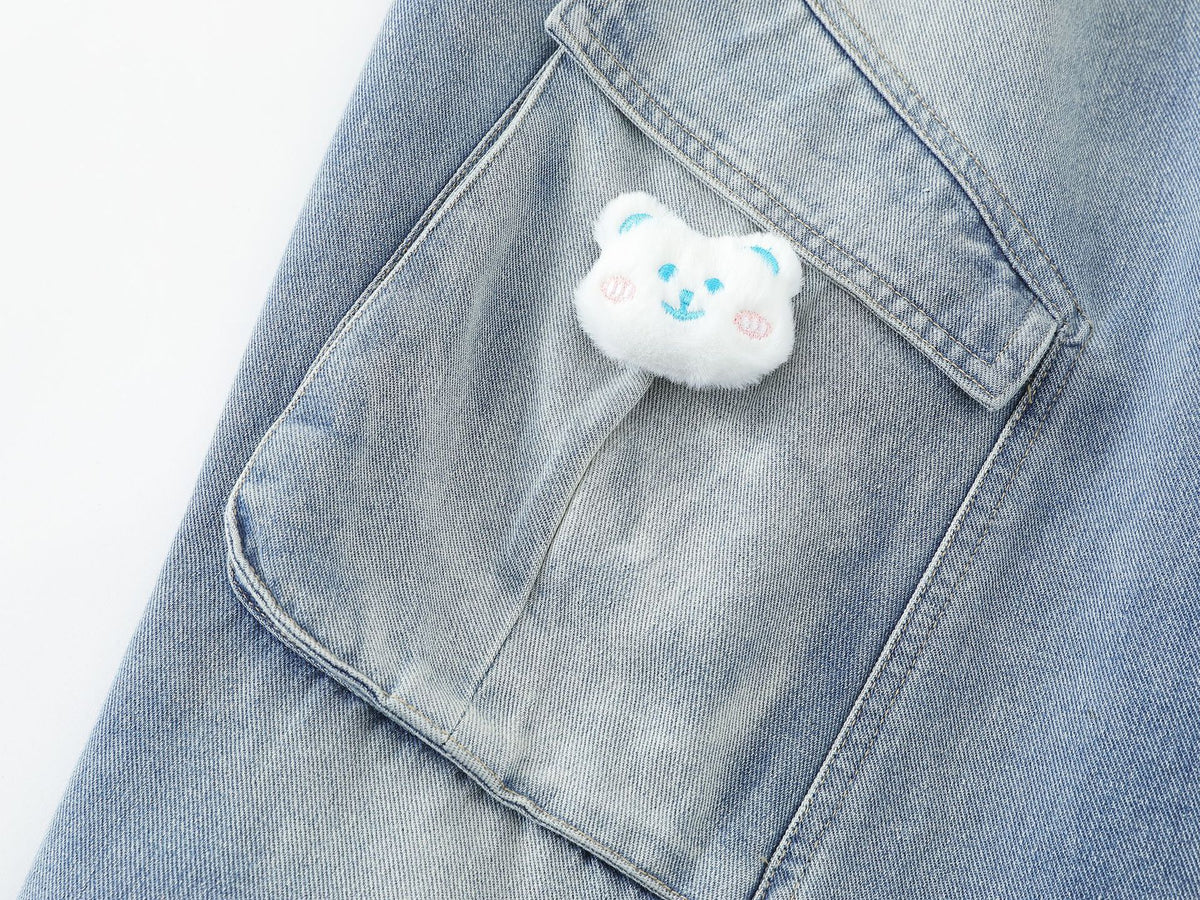 Pleated Dog Embroidery Detachable Dog Charm Wide Leg Denim Jeans WN26803