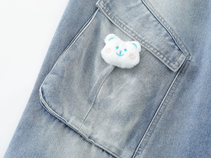 Pleated Dog Embroidery Detachable Dog Charm Wide Leg Denim Jeans WN26803
