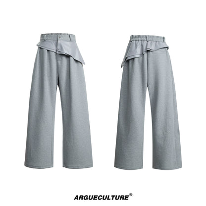 Glossy Double Collar Fake Layered Short Sleeve T-Shirt & Wide Leg Pants Setup WN18371