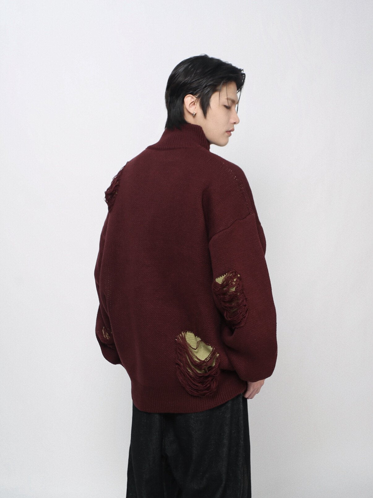 Damage Zipper High-Neck Oversize Knit Cardigan WN24422