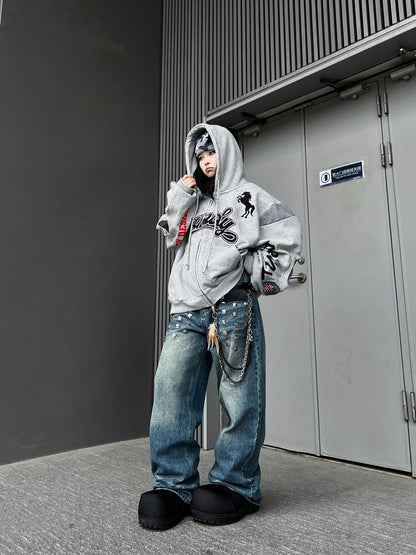 Square Stud Whisker Wash Wide Leg Denim Jeans WN24234