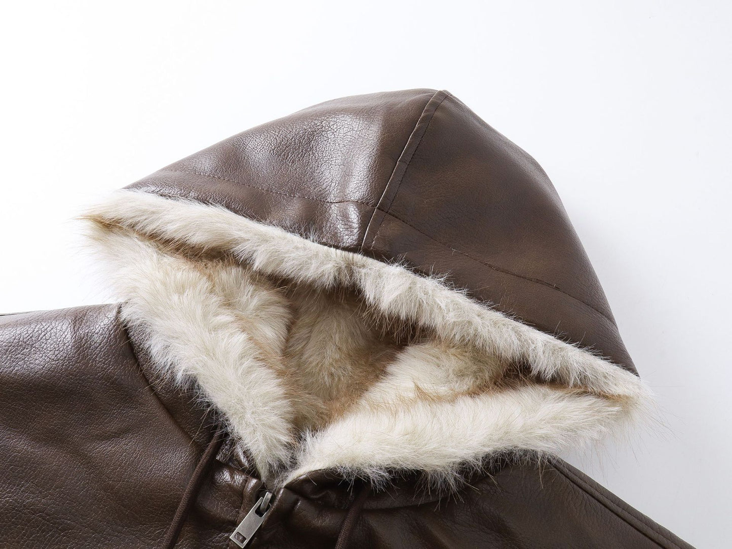 Hooded Fake Fur Lining Zip-Up PU Leather Jacket WN23081