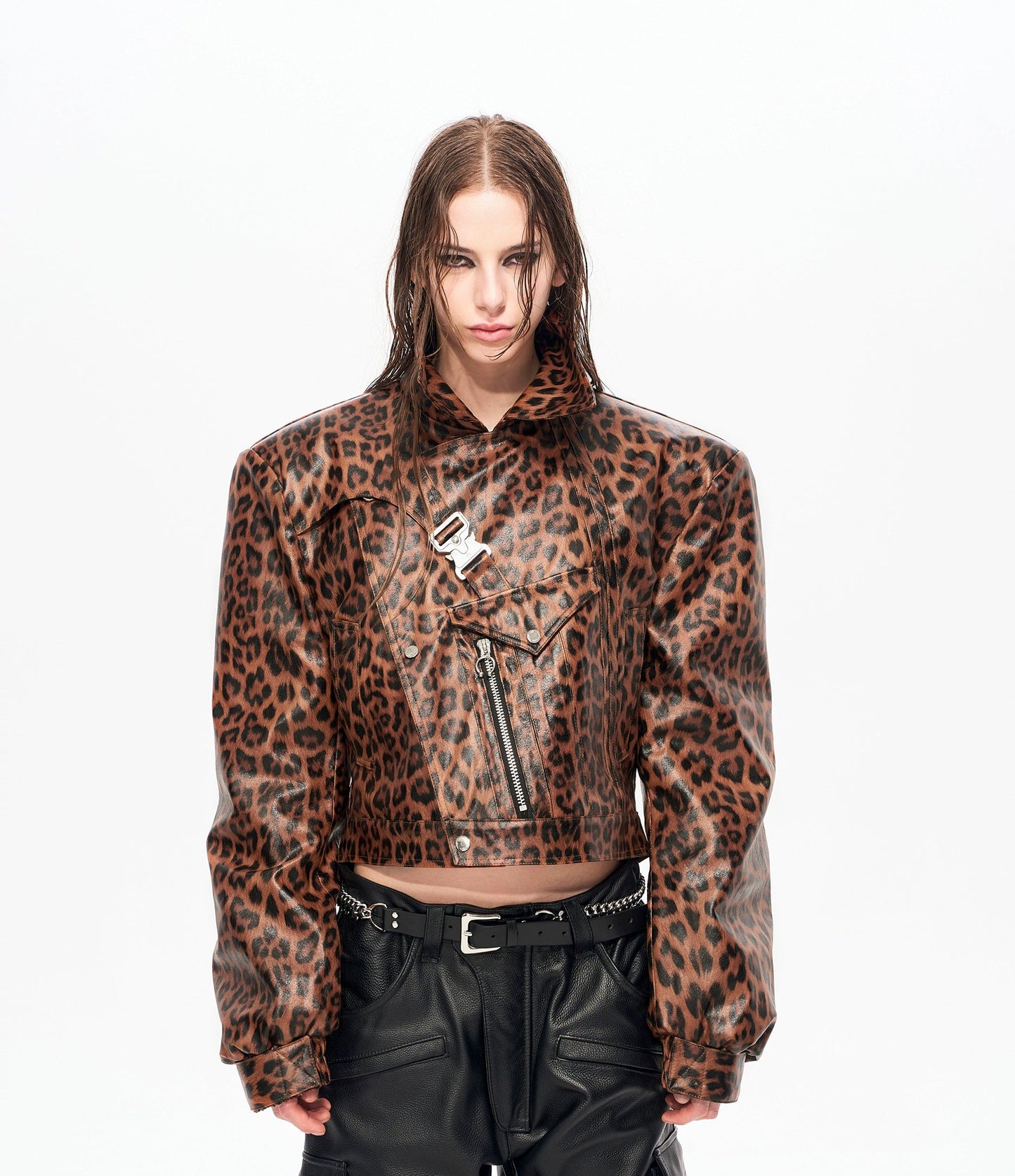 Metal Buckle Leopard PU Leather Short Jacket WN22162