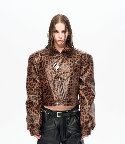 Metal Buckle Leopard PU Leather Short Jacket WN22162