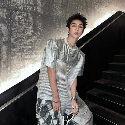 PU Leather Mesh Oversize Patchwork Short Sleeve T-Shirt WN25151