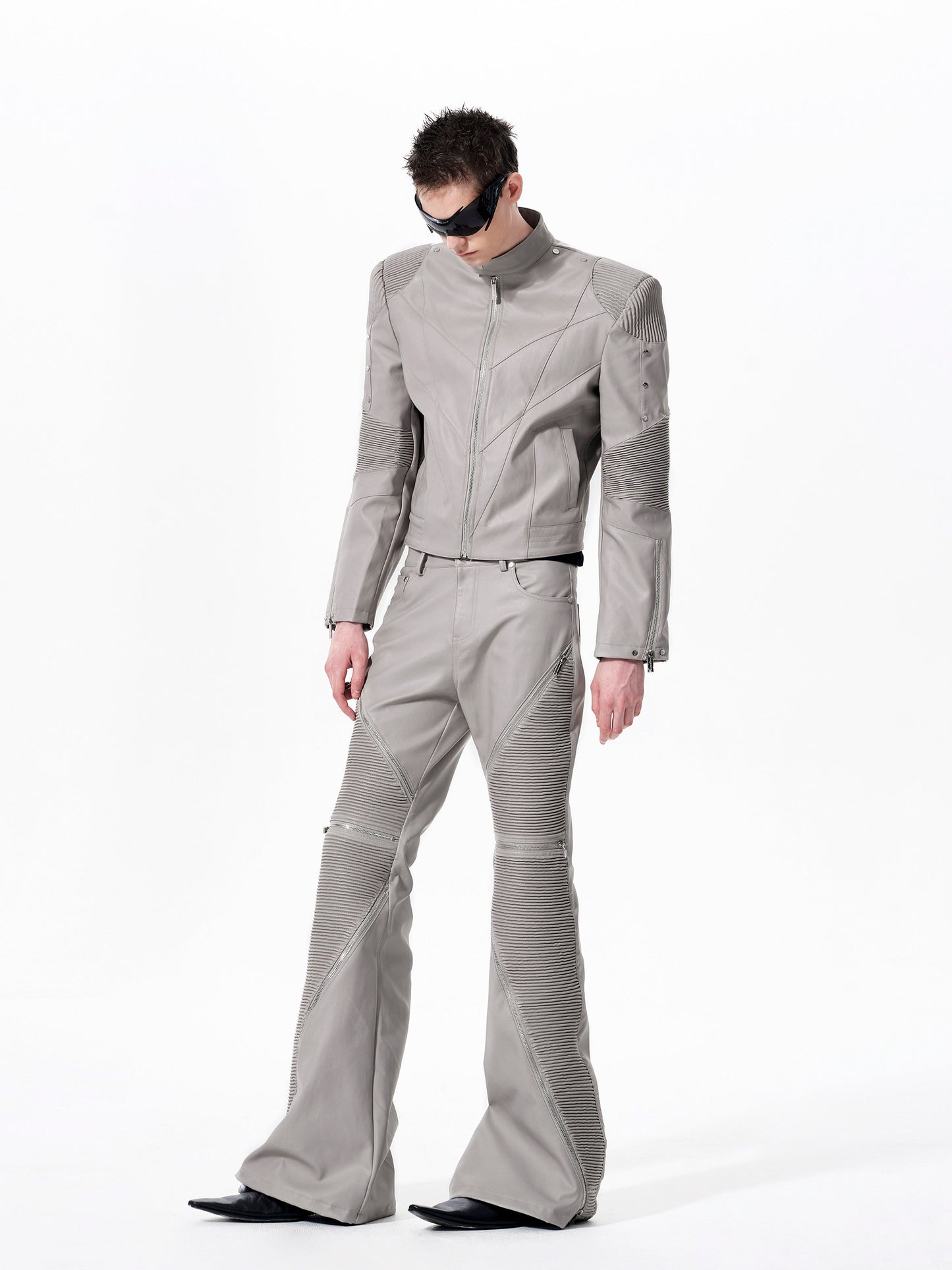 Apocalypse Knight Exoskeleton Stand Neck Leather Jacket & Flare pants Setup WN23281