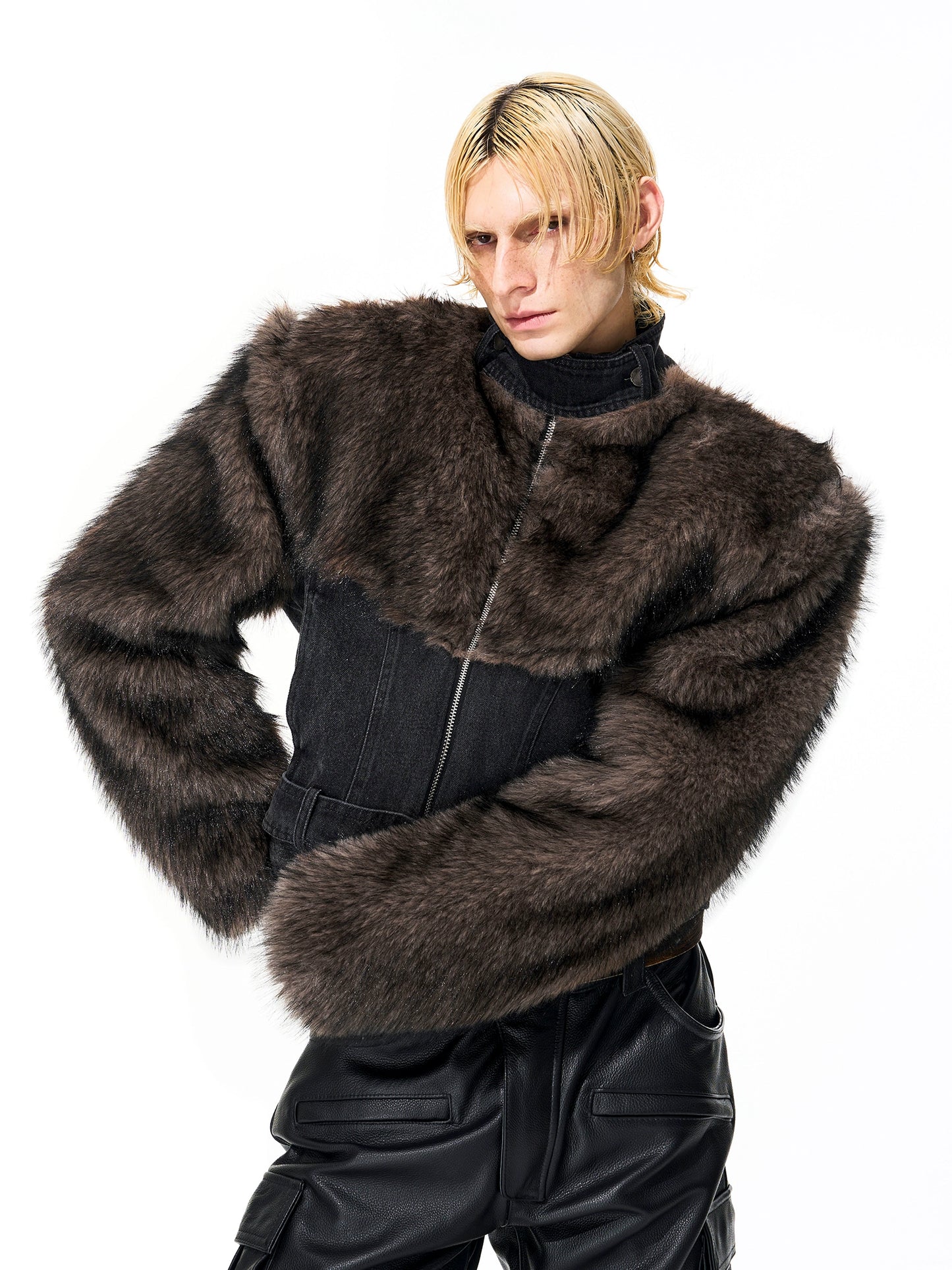 Fake Fur Patchwork Damage Short Denim Jacket WN21822