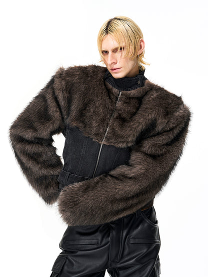 Fake Fur Patchwork Damage Short Denim Jacket WN21822