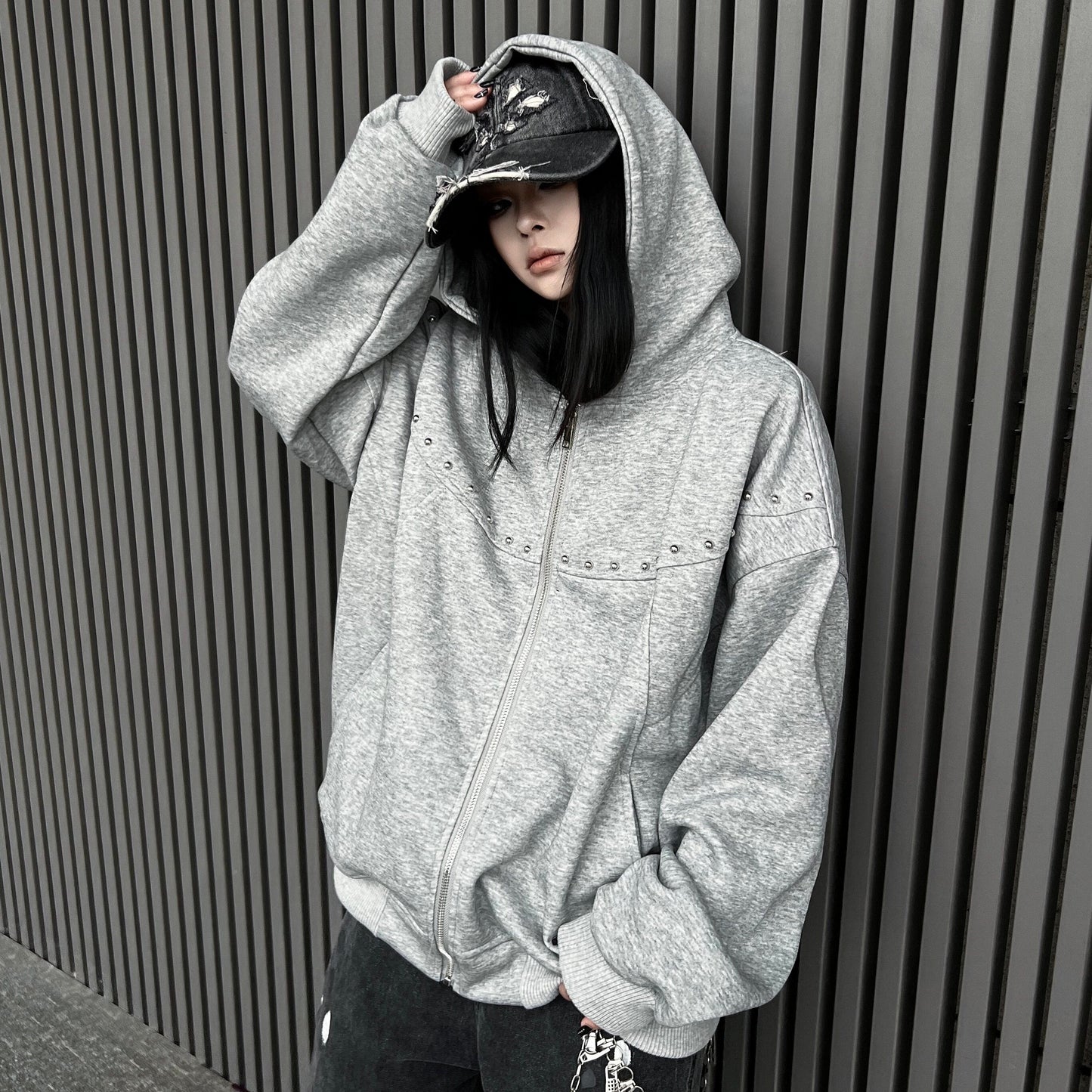 Studs Detail Oversize Zipper Hoodie WN24179