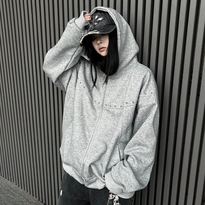 Studs Detail Oversize Zipper Hoodie WN24179