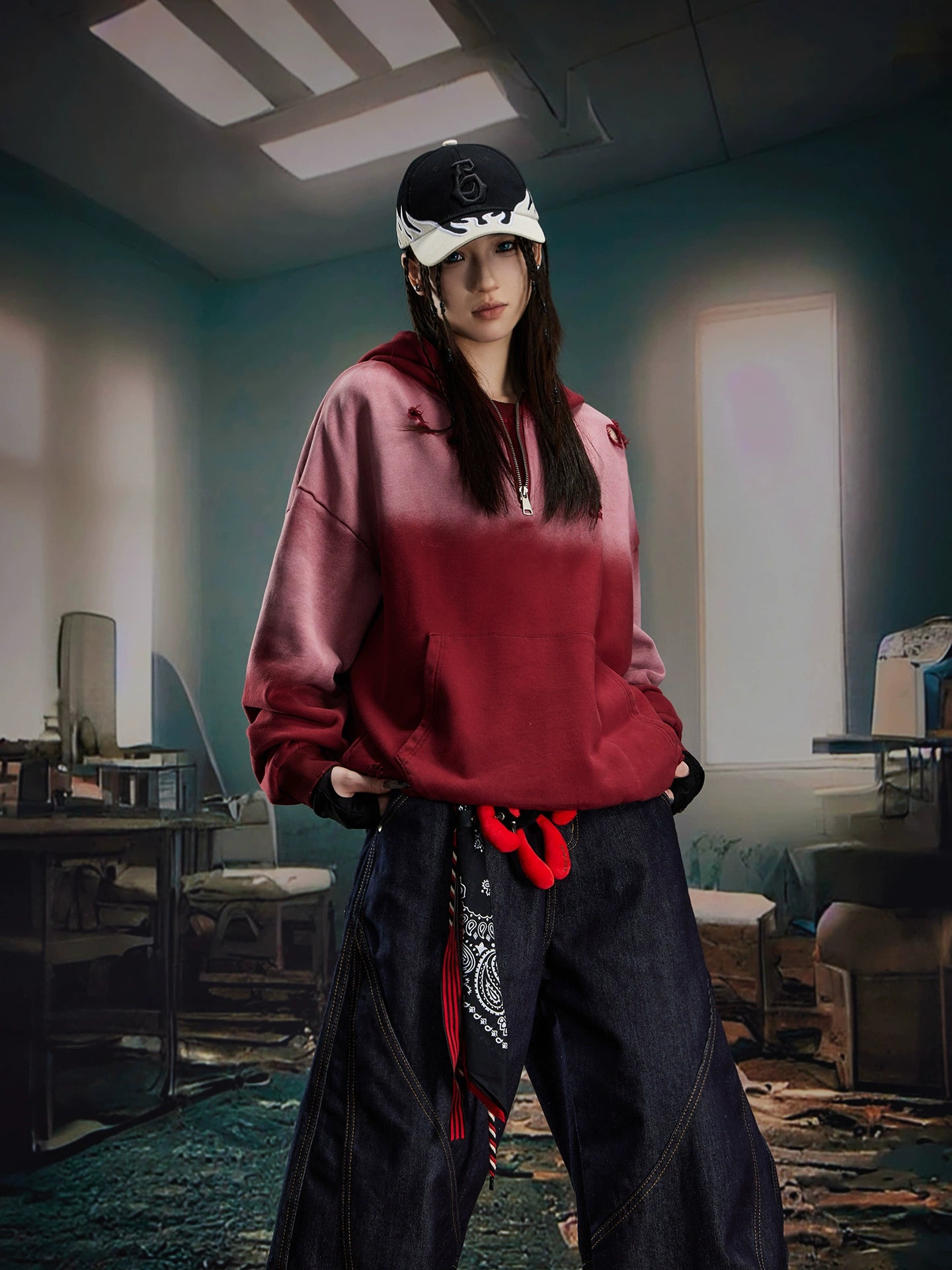 Washed Damage Half Zipper Hoodie WN20588