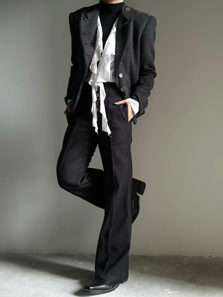 Elastic Waist Button-Front Wool Straight Trousers WN23142