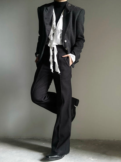 Elastic Waist Button-Front Wool Straight Trousers WN23142