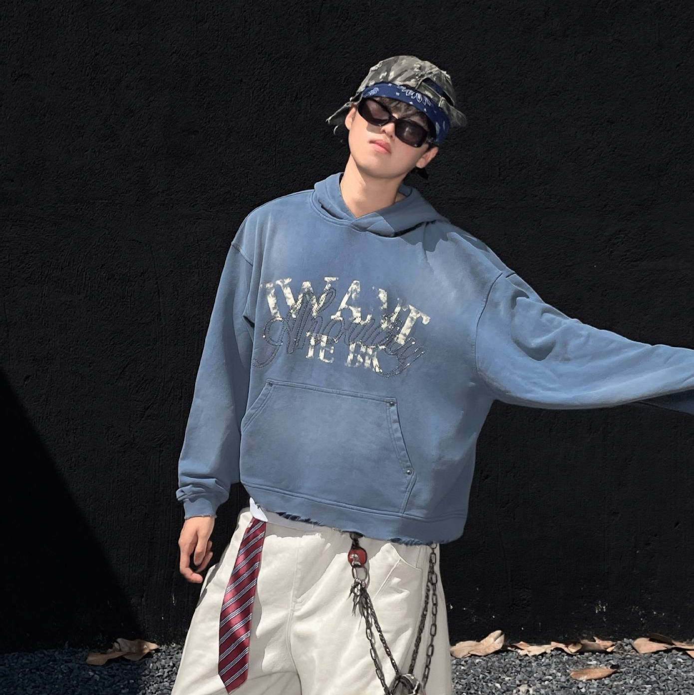 Washed Letter Rhinestone Design Damage Hoodie WN25384