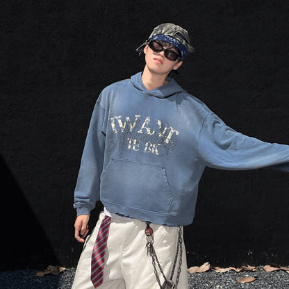 Washed Letter Rhinestone Design Damage Hoodie WN25384