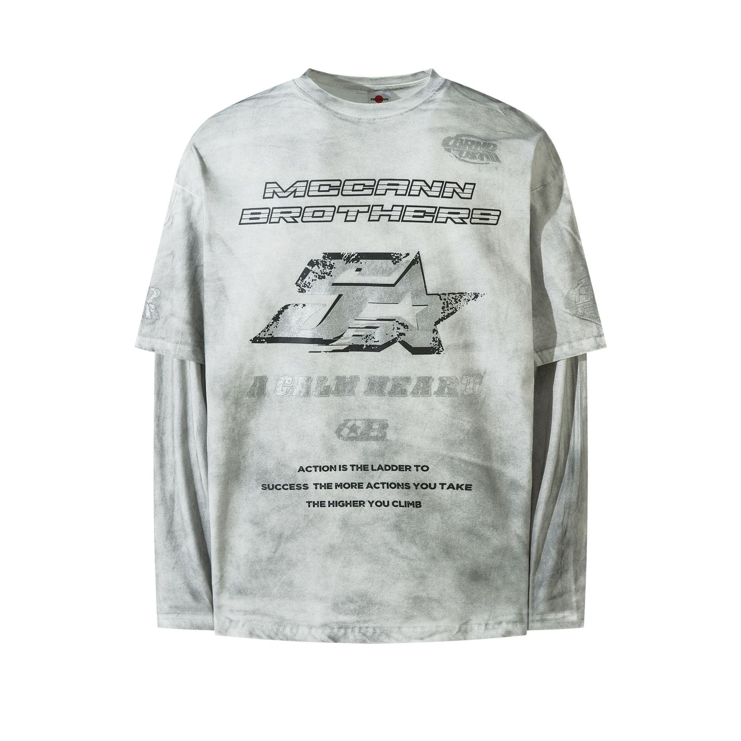 Fake Layered Dirty Dye Print Long Sleeve T-Shirt WN25581