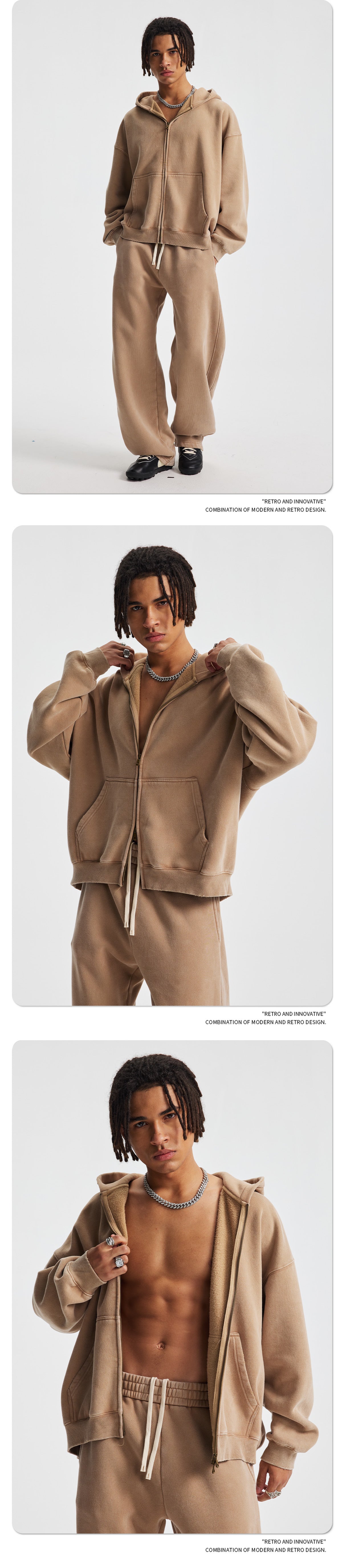 Fleece Lining Zip-Up Wax Dye Zipper Hoodie & Wide Leg Pants Sweatpants WN23112