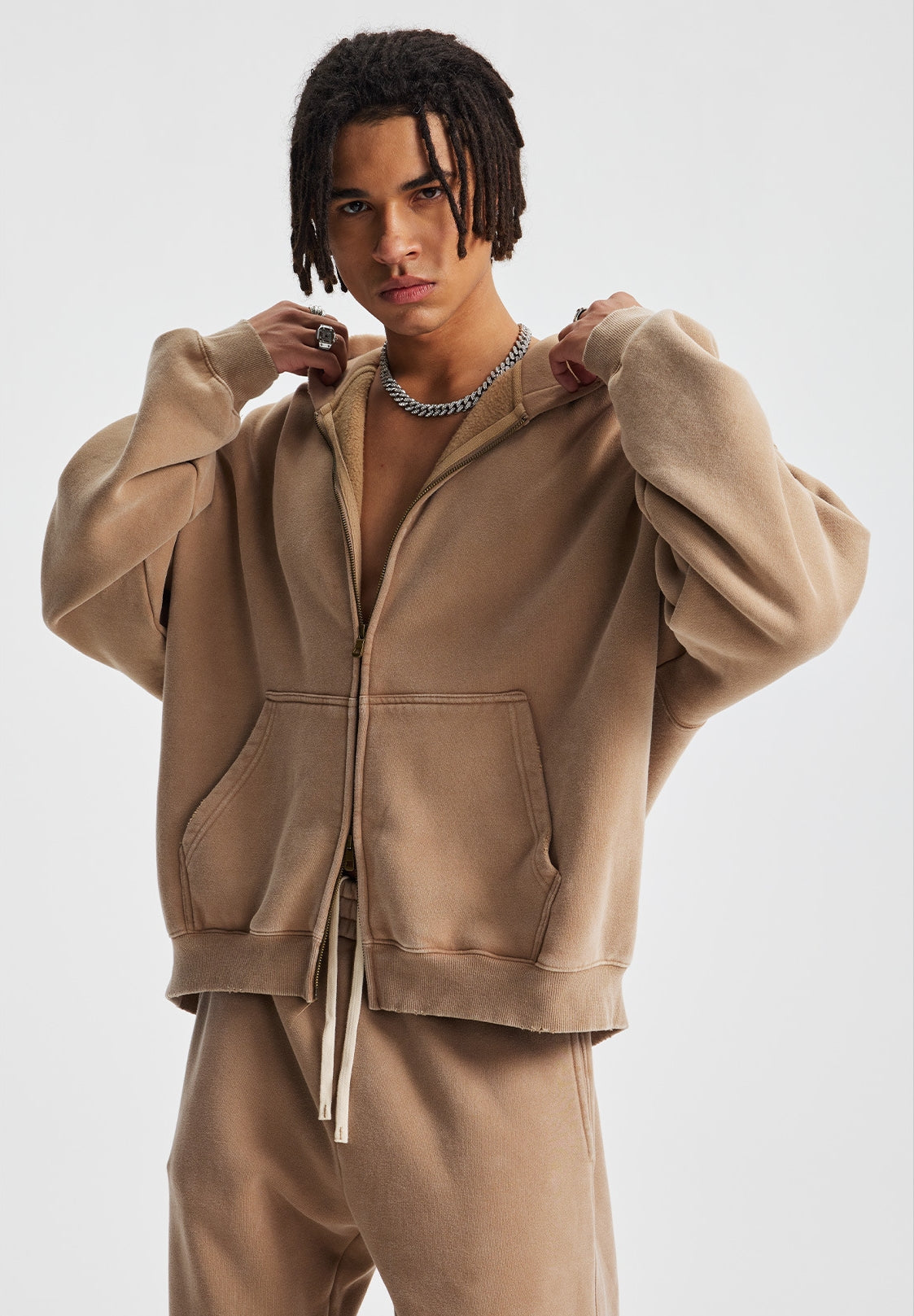 Fleece Lining Zip-Up Wax Dye Zipper Hoodie WN23111