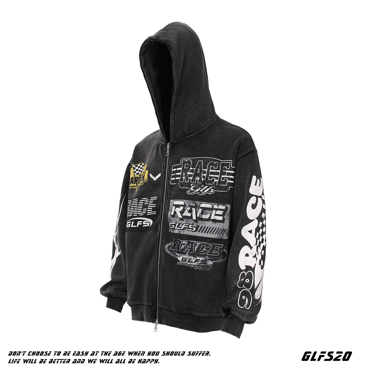 Washed Letter Print Zipper Hoodie WN26512