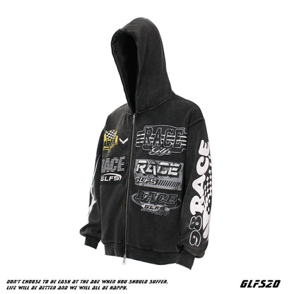 Washed Letter Print Zipper Hoodie WN26512