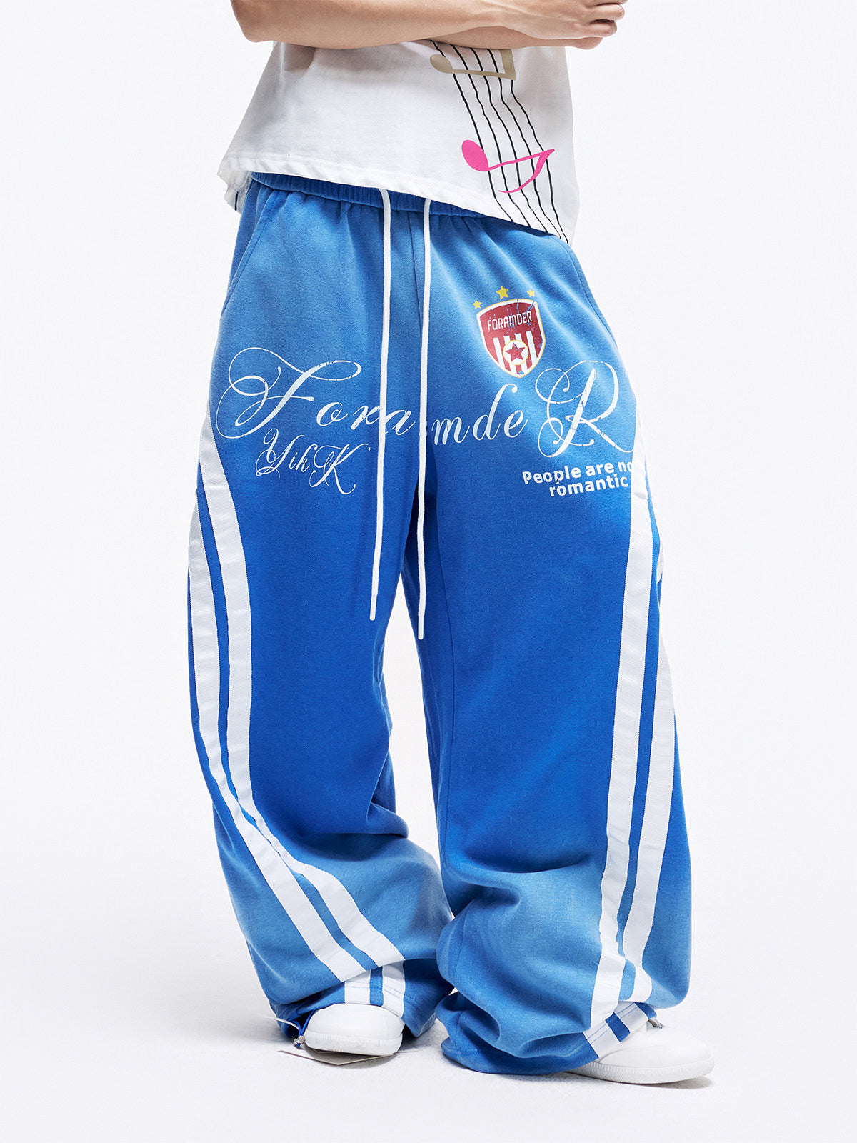 Contrast Stripe Print Drawstring Wide Leg Sweatpants WN27280