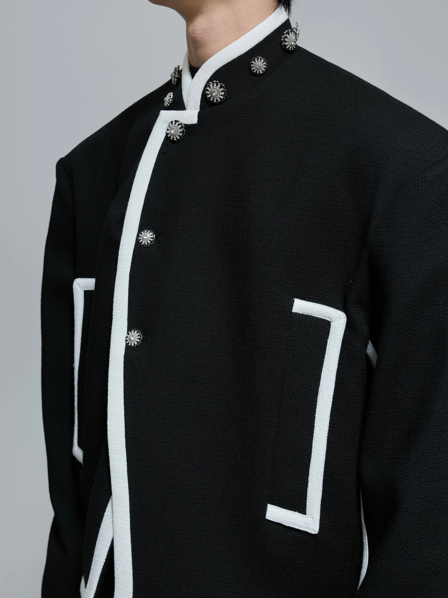 Standing-Collar Colorblock Shoulder-Pad Short Jacket WN21690