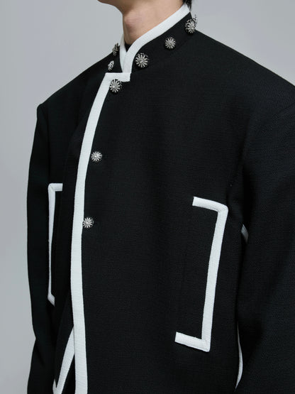 Standing-Collar Colorblock Shoulder-Pad Short Jacket WN21690