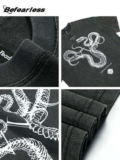 Washed Snake Skeleton Graphic Oversize Short Sleeve T-Shirt WN26408
