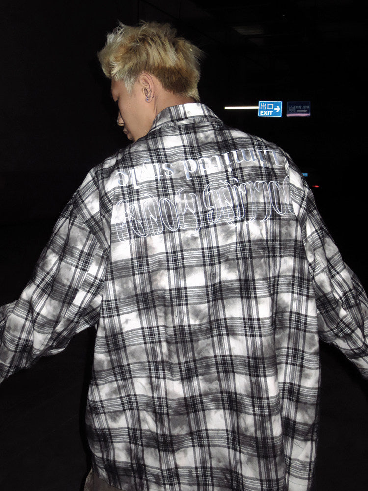 Plaid Washed Back Letter Print Long Sleeve Shirt WN27403