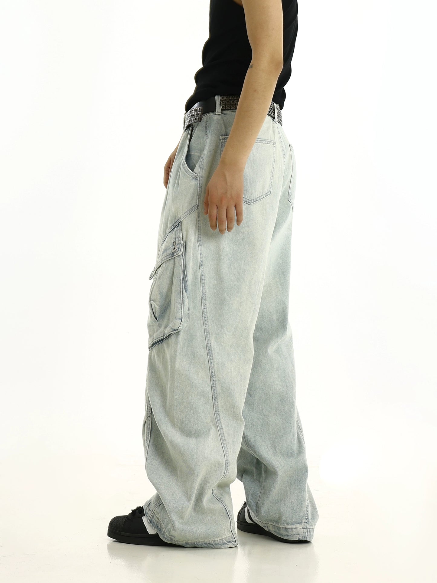 Large Pocket Wide Leg Straight Denim Jeans WN8270