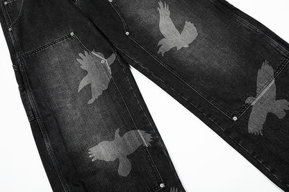 Graphic Design Wide-Leg Straight Denim Jeans WN18535